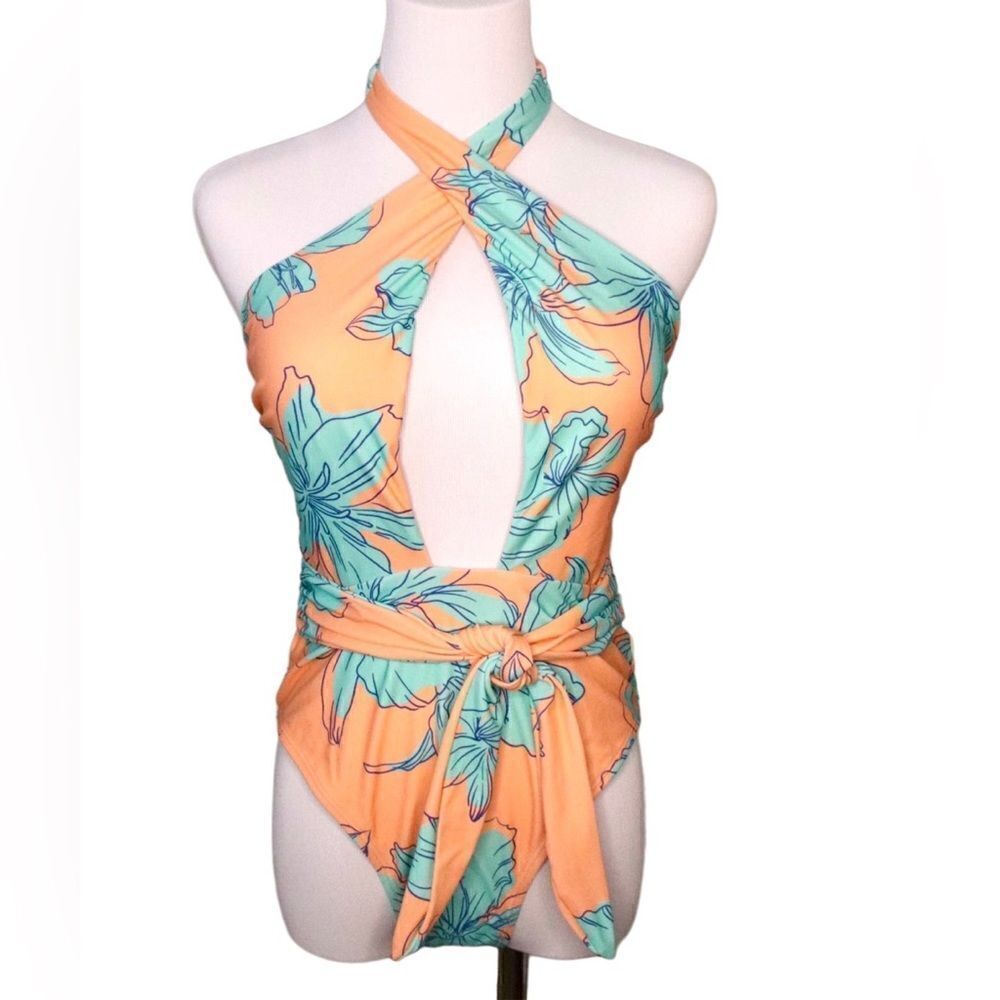 Cupshe Blooming Flowers Wrap Neck One Piece Swimsuit LARGE Hawaiian Beach NWT